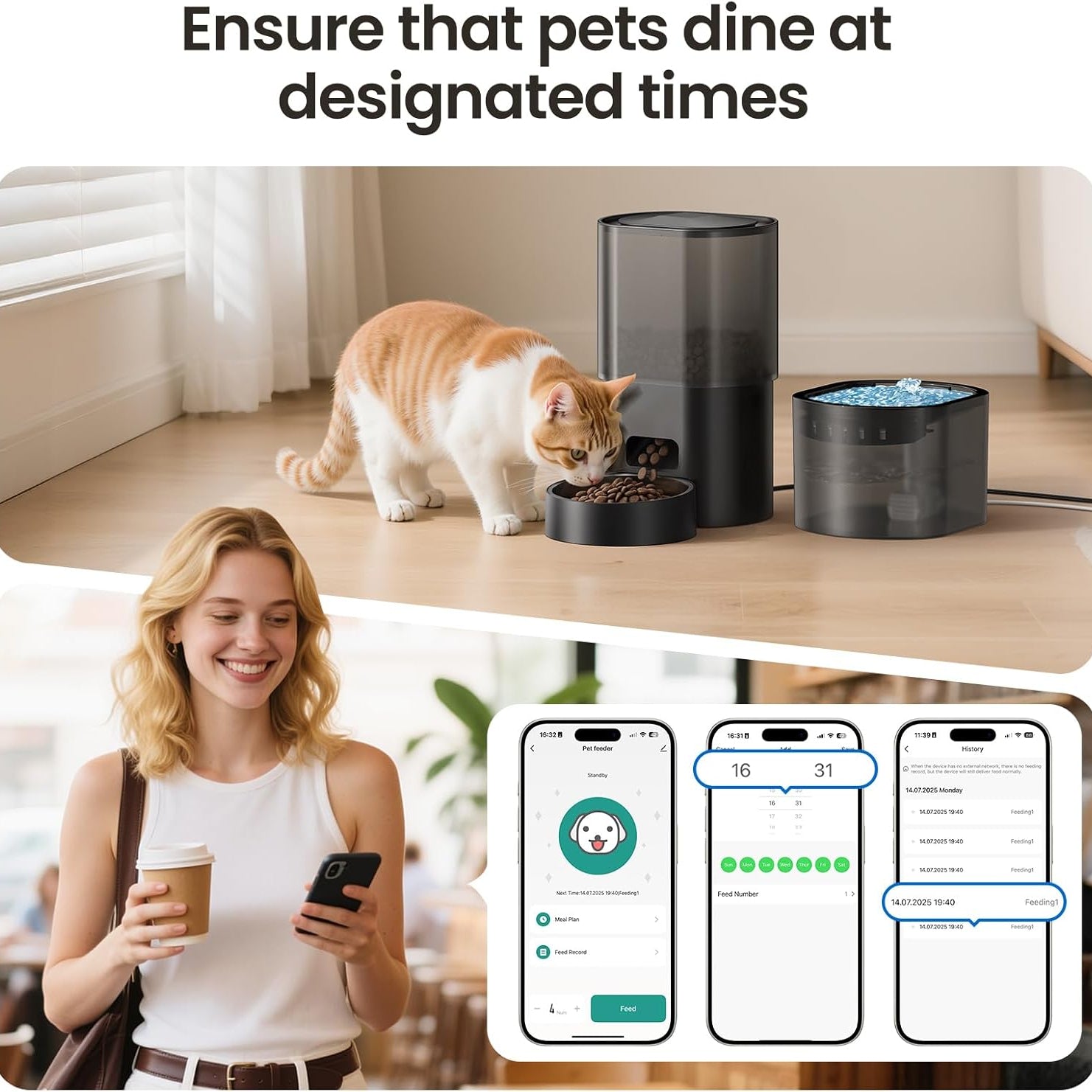 3L Automatic Cat Feeder and Water Fountain Set WiFi App Voice Recorder No Camera