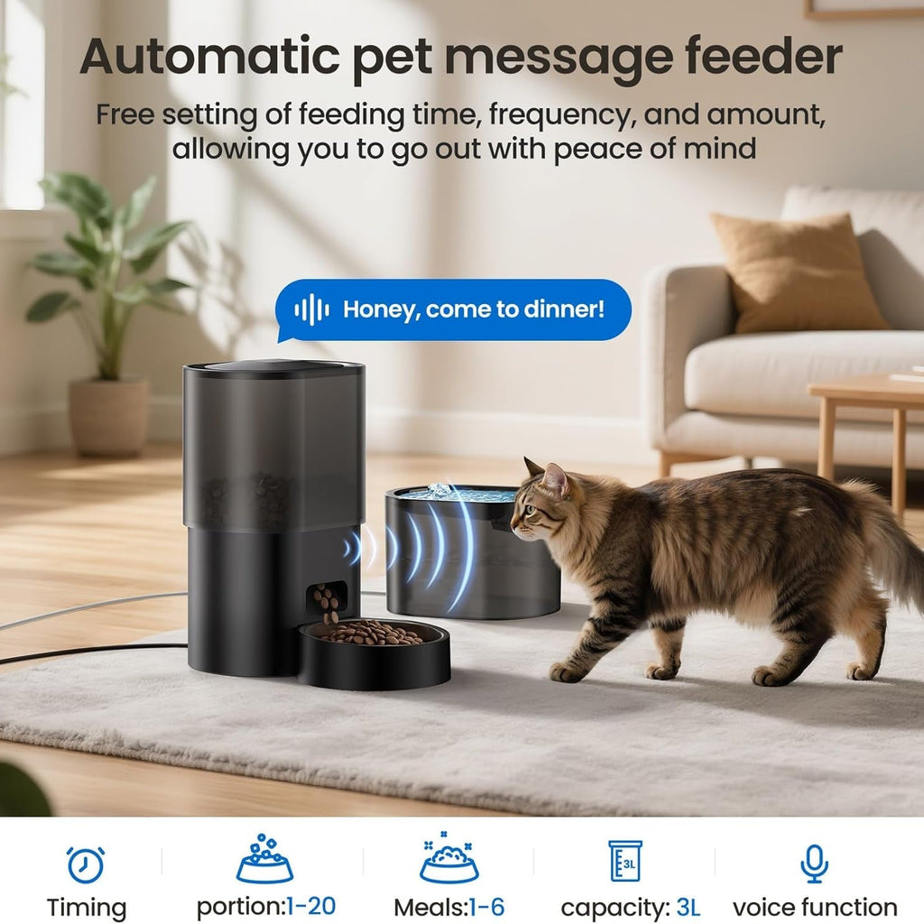 3L Automatic Cat Feeder and Water Fountain Set WiFi App Voice Recorder No Camera